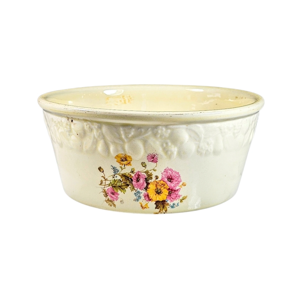 Vintage Crooksville Pantry Bake-In Ware- Casserole Yellow 8" Floral Art Deco